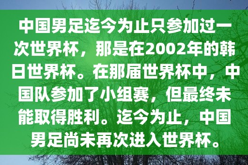 中国男足迄今为止只参加过一次世界杯，那是在2002年的韩日世界杯。在那届世界杯中，中国队参加了小组赛，但最终未能取得胜利。迄今为止，中国男足尚未再次进入世界杯。