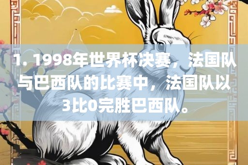 1. 1998年世界杯决赛，法国队与巴西队的比赛中，法国队以3比0完胜巴西队。
