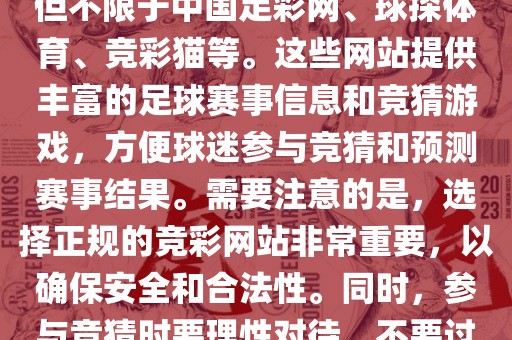世界杯竞彩网站有很多，包括但不限于中国足彩网、球探体育、竞彩猫等。这些网站提供丰富的足球赛事信息和竞猜游戏，方便球迷参与竞猜和预测赛事结果。需要注意的是，选择正规的竞彩网站非常重要，以确保安全和合法性。同时，参与竞猜时要理性对待，不要过度沉迷。