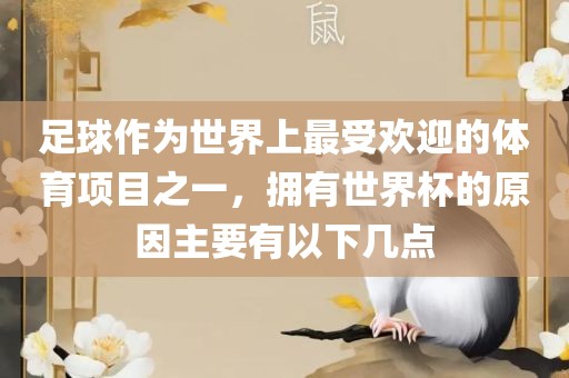 足球作为世界上最受欢迎的体育项目之一，拥有世界杯的原因主要有以下几点