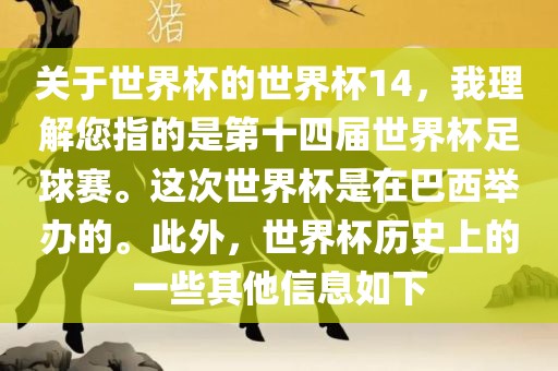 关于世界杯的世界杯14，我理解您指的是第十四届世界杯足球赛。这次世界杯是在巴西举办的。此外，世界杯历史上的一些其他信息如下