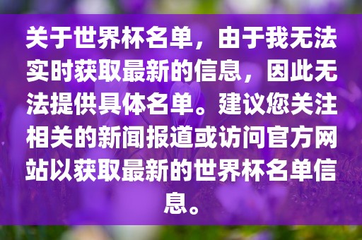 关于世界杯名单，由于我无法实时获取最新的信息，因此无法提供具体名单。建议您关注相关的新闻报道或访问官方网站以获取最新的世界杯名单信息。