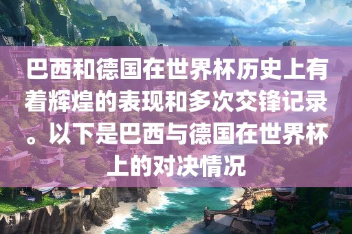 巴西和德国在世界杯历史上有着辉煌的表现和多次交锋记录。以下是巴西与德国在世界杯上的对决情况