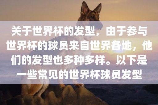 关于世界杯的发型，由于参与世界杯的球员来自世界各地，他们的发型也多种多样。以下是一些常见的世界杯球员发型