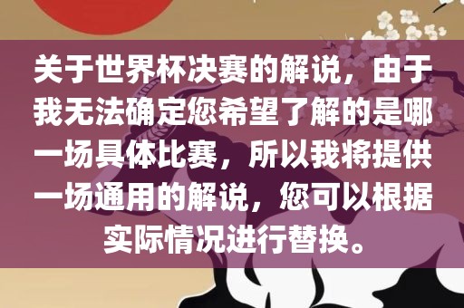 关于世界杯决赛的解说，由于我无法确定您希望了解的是哪一场具体比赛，所以我将提供一场通用的解说，您可以根据实际情况进行替换。吉安市靖泰电力工程有限公司