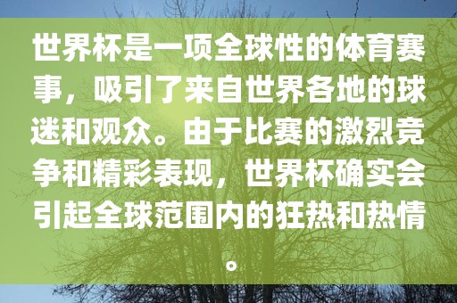 世界杯是一项全球性的体育赛事，吸引了来自世界各地的球迷和观众。由于比赛的激烈竞争和精彩表现，世界杯确实会引起全球范围内的狂热和热情。