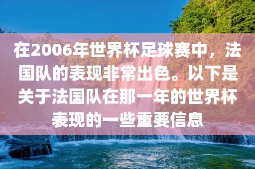 在2006年世界杯足球赛中，法国队的表现非常出色。以下是关于法国队在那一年的世界杯表现的一些重要信息