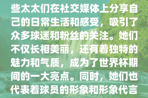 世界杯太太团是指参与世界杯的球队中球员的妻子们组成的团体。这些太太们在世界杯期间备受关注，她们的出现也为比赛增添了不少色彩和看点。这些太太们在社交媒体上分享自己的日常生活和感受，吸引了众多球迷和粉丝的关注。她们不仅长相美丽，还有着独特的魅力和气质，成为了世界杯期间的一大亮点。同时，她们也代表着球员的形象和形象代言人的角色，因此她们的穿着打扮和言行举止备受关注。总之，世界杯太太团是世界杯期间不可或缺的一部分，她们的存在让比赛更加有趣和吸引人。