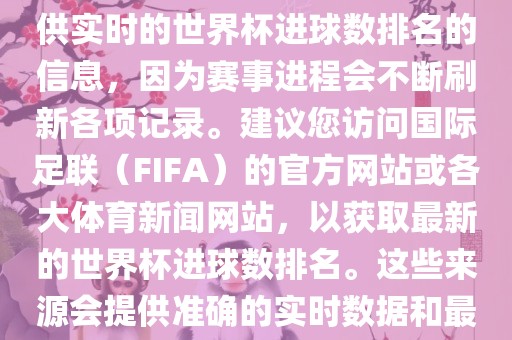 根据我所掌握的知识，无法提供实时的世界杯进球数排名的信息，因为赛事进程会不断刷新各项记录。建议您访问国际足联（FIFA）的官方网站或各大体育新闻网站，以获取最新的世界杯进球数排名。这些来源会提供准确的实时数据和最新的比赛信息。
