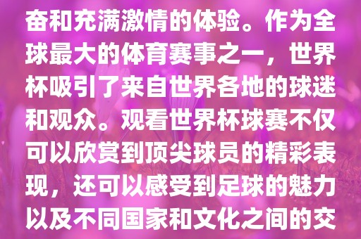 观看世界杯球赛是一种令人兴奋和充满激情的体验。作为全球最大的体育赛事之一，世界杯吸引了来自世界各地的球迷和观众。观看世界杯球赛不仅可以欣赏到顶尖球员的精彩表现，还可以感受到足球的魅力以及不同国家和文化之间的交流与碰撞。