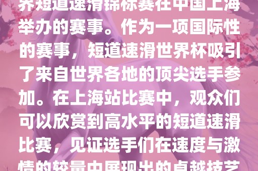 短道速滑世界杯上海站是指世界短道速滑锦标赛在中国上海举办的赛事。作为一项国际性的赛事，短道速滑世界杯吸引了来自世界各地的顶尖选手参加。在上海站比赛中，观众们可以欣赏到高水平的短道速滑比赛，见证选手们在速度与激情的较量中展现出的卓越技艺和竞技精神。