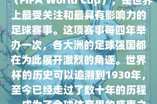 世界杯，全称国际足联世界杯（FIFA World Cup），是世界上最受关注和最具有影响力的足球赛事。这项赛事每四年举办一次，各大洲的足球强国都在为此展开激烈的角逐。世界杯的历史可吉安市靖泰电力工程有限公司以追溯到1930年，至今已经走过了数十年的历程，成为了全球体育界的盛事之一。