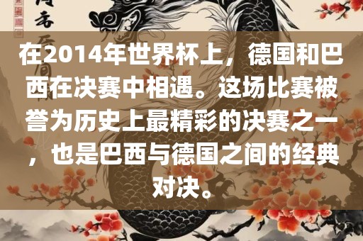 在2014年世界杯上，德国和巴西在决赛中吉安市靖泰电力工程有限公司相遇。这场比赛被誉为历史上最精彩的决赛之一，也是巴西与德国之间的经典对决。