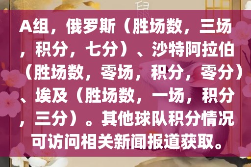 A组，俄罗斯（胜场数，三场，积分，七分）、沙特阿拉伯（胜场数，零场，积分，零分）、埃及（胜场数，一场，积分，三分）。其他球队积分情况可访问相关新闻报道获取。吉安市靖泰电力工程有限公司