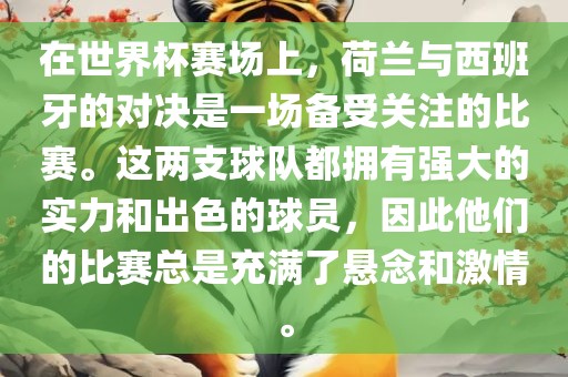 在世界杯赛场上，荷兰与西班牙的对决是一场备受关注的比赛。这两支球队都拥有强大的实力和出色的球员，因此他们的比赛总是充满了悬念和激情。