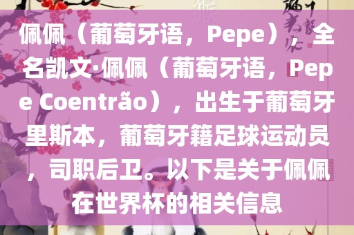 佩佩（葡萄牙语，Pepe），全名凯文·佩佩（葡萄牙语，Pepe Coentr?o），出生于葡萄牙里斯本，葡萄牙籍足球运动员，司职后卫。以下是关于佩佩在世界杯的相关信息