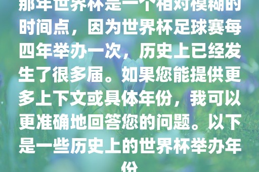 那年世界杯是一个相对模糊的时间点，因为世界杯足球赛每四年举办一次，历史上已经发生了很多届。如果您能提供更多上下文或具体年份，我可以更准确地回答您的问题。以下是一些历史上的世界杯举办年份吉安市靖泰电力工程有限公司