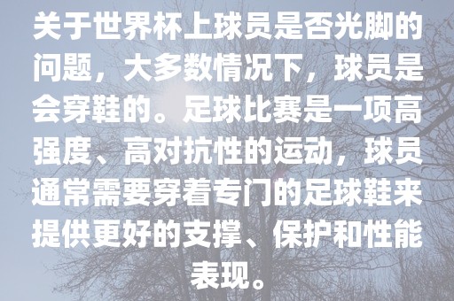 关于世界杯上球员是否光脚的问题，大多数情况下，球员是会穿鞋的。足球比赛是一项高强度、高对抗性的运动，球员通常需要穿着专门的足球鞋来提供更好的支撑、保护和性能表现。