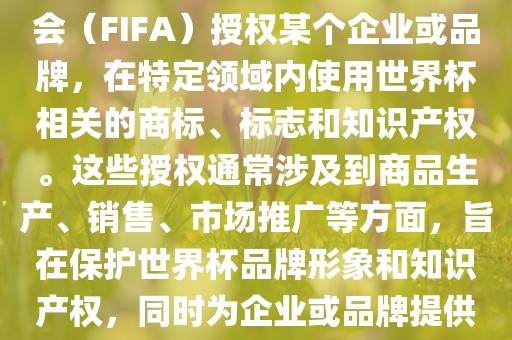 世界杯授权是指国际足球联合会（FIFA）授权某个企业或品牌，在特定领域内使用世界杯相关的商标、标志和知识产权。这些授权通吉安市靖泰电力工程有限公司常涉及到商品生产、销售、市场推广等方面，旨在保护世界杯品牌形象和知识产权，同时为企业或品牌提供合法的商业机会。