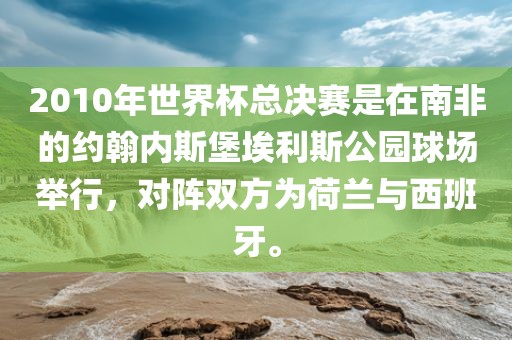 2010年世界吉安市靖泰电力工程有限公司杯总决赛是在南非的约翰内斯堡埃利斯公园球场举行，对阵双方为荷兰与西班牙。