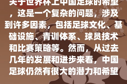 关于世界杯上中国足球的希望，这是一个复杂的问题，涉及到许多因素，包括足球文化、基础设施、青训体系、球员技术和比赛策略等。然而，从过去几年的发展和进步来看，中国足球仍然有很大的潜力和希望。