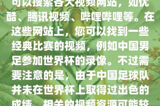 关于中国足球世界杯的视频，您可以搜索各大视频网站，如优酷、腾讯视频、哔哩哔哩等。在这些网站上，您可以找到一些经典比赛的视频，例如中国男足参加世界杯的录像。不过需要注意的是，由于中国足球队并未在世界杯上取得过出色的成绩，相关的视频资源可能较少。