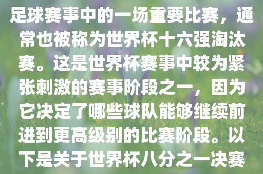 世界杯八分之一决赛是世界杯足球赛事中的一场重要比赛，通常也被称为世界杯十六强淘汰赛。这是世界杯赛事中较为紧张刺激的赛事阶段之一，因为它决定了哪些球队能够继续前进到更高级别的比赛阶段。以下是关于世界杯八分之一决赛的详细介绍