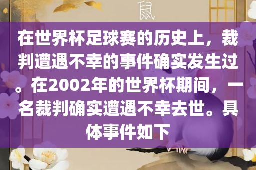 在世界杯足球赛的历史上，裁判遭遇不幸的事件确实发生过。在2002年的世界杯期间，一名裁判确实遭遇不幸去世。具体事件如下