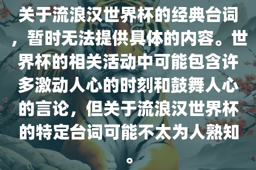 关于流浪汉世界杯的经典台词，暂时无法提供具体的内容。世界杯的相关活动中可能包含许多激动人心的时刻和鼓舞人心的言论，但关于流浪汉世界杯的特定台词可能不太为人熟知。