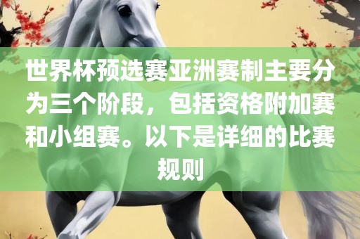 世界杯预选赛亚洲赛制主要分为三个阶段，包括资格附加赛和小组赛。以下是详细的比赛规则