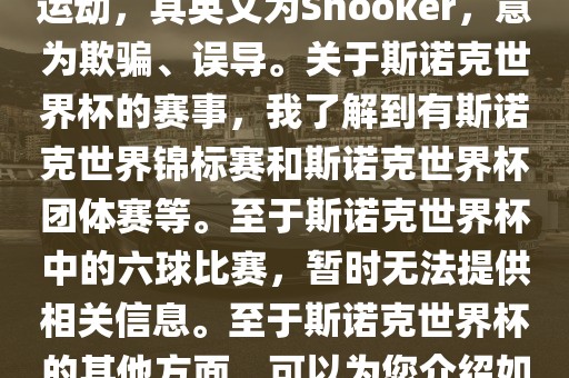 斯诺克是一项流行的室内台球运动，其英文为Snooker，意为欺骗、误导。关于斯诺克世界杯的赛事，我了解到有斯诺克世界锦标赛和斯诺克世界杯团体赛等。至于斯诺克世界杯中的六球比赛，暂时无法提供相关信息。至于斯诺克世界杯的其他方面，可以为您介绍如下