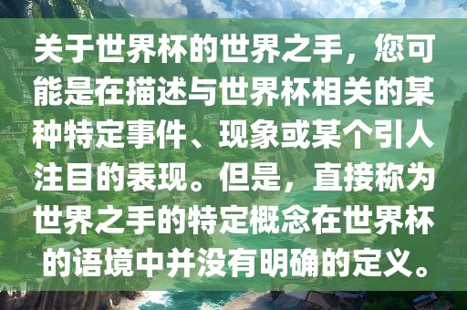 关于世界杯的世界之手，您可能是在描述与世界杯相关的某种特定事件、现象或某个引人注目的表现。但是，直接称为世界之手的特定概念在世界杯的语境中并没有明确的定义。