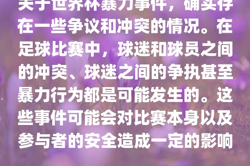 关于世界杯暴力事件，确实存在一些争议和冲突的情况。在足球比赛中，球迷和球员之间的冲突、球迷之间的争执甚至暴力行为都是可能发生的。这些事件可能会对比赛本身以及参与者的安全造成一定的影响。