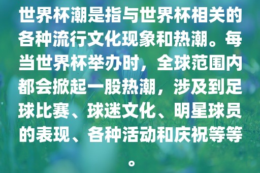 世界杯潮是指与世界杯相关的各种流行文化现象和热潮。每当世界杯举办时，全球范围内都会掀起一股热潮，涉及到足球比赛、球迷文化、明星球员的表现、各种活动和庆祝等等。