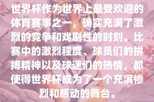 世界杯作为世界上最受欢迎的体育赛事之一，确实充满了激烈的竞争和戏剧性的时刻。比赛中的激烈程度、球员们的拼搏精神以及球迷们的热情，都使得世界杯成为了一个充满惨烈和感动的舞台。