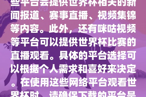 世界杯网络平台包括但不限于央视新闻、抖音、快手等。这些平台会提供世界杯相关的新闻报道、赛事直播、视频集锦等内容。此外，还有咪咕视频等平台可以提供世界杯比赛的直播观看。具体的平台选择可以根据个人需求和喜好来决定。在使用这些网络平台观看世界杯时，请确保下载的平台是官方正版，以保证良好的观赛体验。