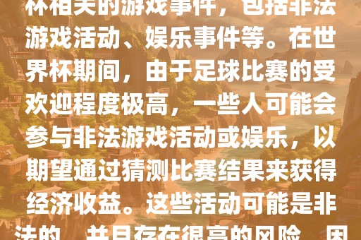 世界杯游戏事件指的是与世界杯相关的游戏事件，包括非法游戏活动、娱乐事件等。在世界杯期间，由于足球比赛的受欢迎程度极高，一些人可能会参与非法游戏活动或娱乐，以期望通过猜测比赛结果来获得经济收益。这些活动可能是非法的，并且存在很高的风险，因此应该避免参与。