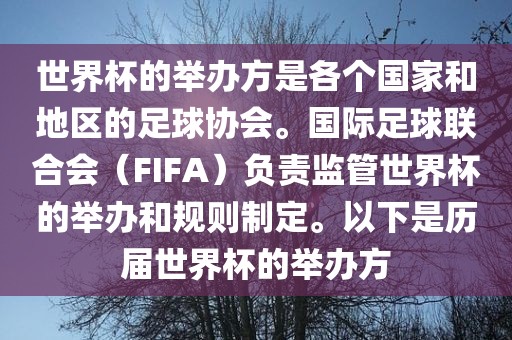 世界杯的举办方是各个国家和地区的足球协会。国际足球联合会（FIFA）负责监管世界杯的举办和规则制定。以下是历届世界杯的举办方
