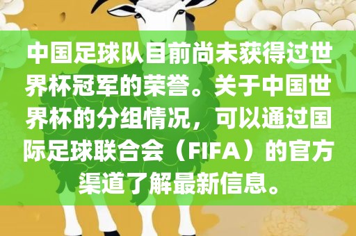 中国足球队目前尚未获得过世界杯冠军的荣誉。关于中国世界杯的分组情况，可以通过国际足球联合会（FIFA）的官方渠道了解最新信息。