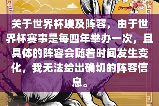 关于世界杯埃及阵容，由于世界杯赛事是每四年举办一次，且具体的阵容会随着时间发生变化，我无法给出确切的阵容信息。