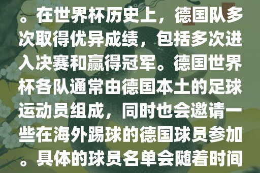 德国队在世界杯上的队伍是由德国足协管理和组织的国家队。在世界杯历史上，德国队多次取得优异成绩，包括多次进入决赛和赢得冠军。德国世界杯各队通常由德国本土的足球运动员组成，同时也会邀请一些在海外踢球的德国球员参加。具体的球员名单会随着时间的变化而不同，因此无法提供具体的各队名单。