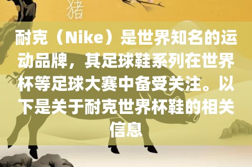 耐克（Nike）是世界知名的运动品牌，其足球鞋系列在世界杯等足球大赛中备受关注。以下是关于耐克世界杯鞋的相关信息
