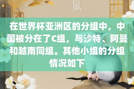 在世界杯亚洲区的分组中，中国被分在了C组，与沙特、阿曼和越南同组。其他小组的分组情况如下