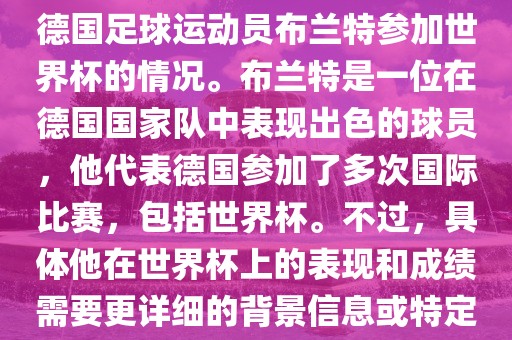 关于布兰特世界杯，可能是指德国足球运动员布兰特参加世界杯的情况。布兰特是一位在德国国家队中表现出色的球员，他代表德国参加了多次国际比赛，包括世界杯。不过，具体他在世界杯上的表现和成绩需要更详细的背景信息或特定的时间点来确定。